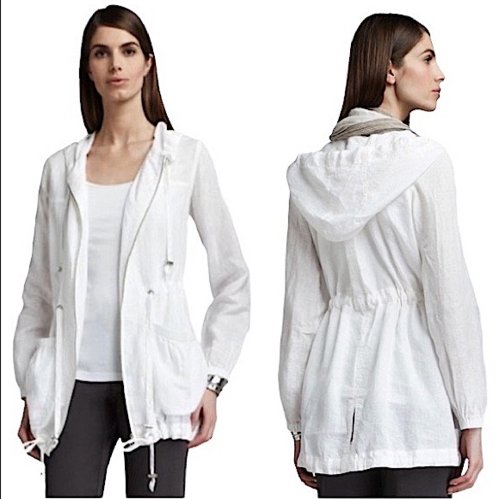 Eileen Fisher White Irish Linen Hooded Anorak Jacket